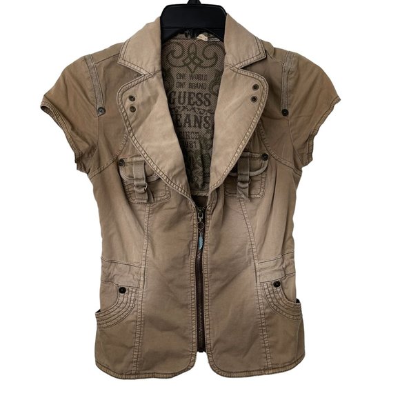 Guess Tops - Guess Womens Y2K Short Sleeve Lightweight Taupe Zip Up Jacket Feather Zip